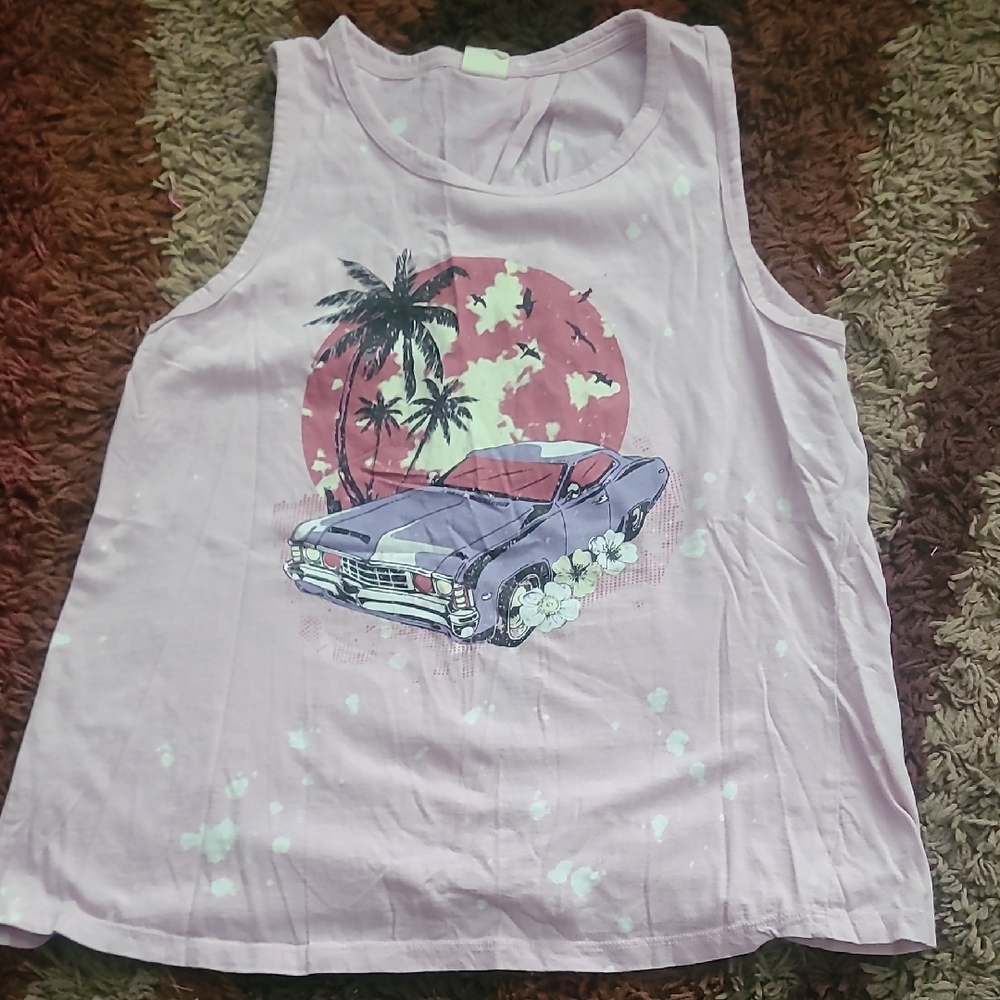 Women's Sleeveless Tank Top with Car and Palm Tree Design